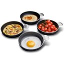 Four small black frying pans feature a frittata, a pancake, a fried egg, and roasted cherry tomatoes, arranged in a visually appealing layout.