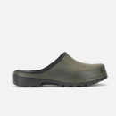 Alt text: "A side view of a green, slip-on garden clog with a black sole and edge. The shoe is designed for outdoor use, conveying practicality and comfort." Alt text: "A side view of a green, slip-on garden clog with a black sole and edge. The shoe is designed for outdoor use, conveying practicality and comfort."