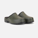 Alt text: "Pair of olive green slip-on clogs with black trim on a white background. The clogs have a sturdy build and textured soles for outdoor use." Alt text: "Pair of olive green slip-on clogs with black trim on a white background. The clogs have a sturdy build and textured soles for outdoor use."