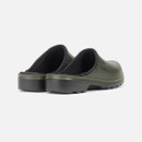 Alt text: A pair of olive green slip-on rubber clogs with black trim, viewed from the back on a plain white background. The clogs have thick soles. Alt text: A pair of olive green slip-on rubber clogs with black trim, viewed from the back on a plain white background. The clogs have thick soles.