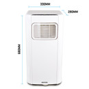 Front view of the air conditioner with dimensions labeled: 680mm height, 330mm width, and 280mm depth.