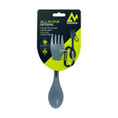 Grey all-in-one spork packaged with a karabiner, features a spoon and fork design for versatile outdoor dining.