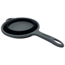 Grey plastic colander with a comfortable handle and a fine mesh design for draining liquids and straining food.