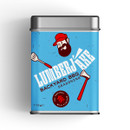 A front view of the LumberjAxe Backyard Barbecue Seasoning in a silver tin with a blue label on a white background