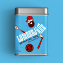A front view of the LumberjAxe Backyard Barbecue Seasoning in a silver tin with a blue label on a matching blue background