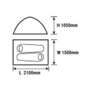 A diagram showing dimensions of a Nordrok tent: height 1050mm, width 1500mm, length 2100mm.