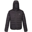 Black puffer jacket with hood, featuring horizontal stitching and a small logo on the chest. The design appears warm and casual.