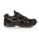 Side profile of black hiking trainer with grey accents and rugged outsole for reliable traction.
