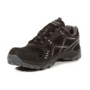 Three-quarter front view of black waterproof hiking trainer with lace-up design and supportive midsole.