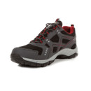 Three-quarter front view of grey and red waterproof walking shoe featuring breathable fabric and supportive overlays.
