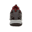 Rear view of grey and red waterproof trail trainer showing heel loop and padded collar for comfort.