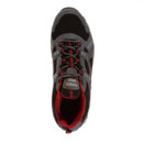 Top-down view of grey and red walking trainer with mesh upper and waterproof Isotex label on tongue.