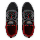 Top-down view of grey and red waterproof walking trainers with cushioned collars and lace-up design.