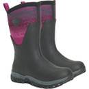 A pair of mid-height Muck Boots with black rubber lower section and magenta patterned neoprene uppers.