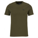 Olive green T-shirt with short sleeves, ribbed crew neck, and small brand logo on the left chest. Simple and casual design, conveying a relaxed tone.