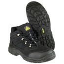 Black lace-up safety work boot positioned upright next to another boot lying sole-up, showing tread pattern and yellow safety logo.