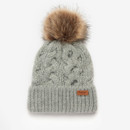 A cosy grey knit beanie with a folded brim, featuring a brown faux fur pom-pom on top and a small brown label on the brim against a white background.