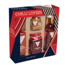 Packaging for a "Chilli Lovers" gift set featuring four chili products in a red and navy box with stripes, conveying a bold and spicy theme.