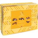 Walkers Deluxe Milk Chocolate Fruits & Nuts Tin with gold geometric design, featuring assorted chocolate-covered fruits and nuts in a 600g gift tin.