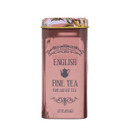 Pink tin of English Breakfast Fine Tea featuring a floral lid and ornate text. Contains 12 teabags, exuding elegance and traditional charm.