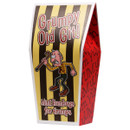 Packaging for "Grumpy Old Git" mint humbugs featuring a cartoon elderly man with a cane on yellow and brown stripes. Text reads "Mint Humbugs for Grumps."
