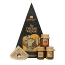Edinburgh Preserves The Cheese Wedge gift set presented in a tall triangular box with a selection of gourmet cheese accompaniments including three jars of chutneys and preserves, and a wedge of artisan cheese.