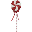 A festive red and white glittery spiral lollipop on a striped stick, tied with a red ribbon. Perfect for holiday decorations.