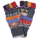 Colourful knit mittens with fingerless design and buttoned flap, featuring intricate patterns in red, purple, yellow, and blue. Cosy and vibrant. Colourful knit mittens with fingerless design and buttoned flap, featuring intricate patterns in red, purple, yellow, and blue. Cosy and vibrant.