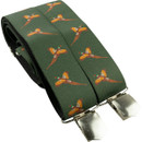 Folded Jack Pyke green pheasant print braces with repeating flying pheasant design and silver metal clips.