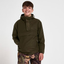 Front view of a boy modelling an olive green hooded pullover jacket with hand pockets and camouflage trousers.