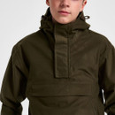 Close-up front view of a boys’ olive green hooded jacket showing the high collar and protective front zip flap.
