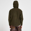 Back view of a boys’ olive green pullover jacket with the adjustable hood raised.