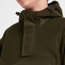 Close-up of the adjustable hood, high collar and covered zip fastening on an olive green pullover jacket.