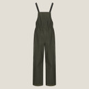 Rear view of dark olive green workwear bib overalls with adjustable shoulder straps and straight-leg design.