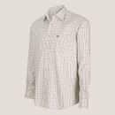 Cream long-sleeved shirt with a fine multicoloured check pattern, button-down collar, chest pocket and curved hem, shown from the front.