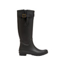 Side view of a tall black Joules Wellington boot featuring an adjustable strap and sleek design.