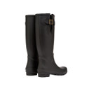Close-up of the front and lower section of tall black Joules Wellington boots with reinforced toe design.