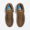 Top view of a pair of brown leather low-cut work boots with orange and black laces, orange interior lining, and blue Timberland PRO insoles, against a white background.