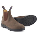 Blundstone thermal rustic brown Chelsea boot displayed alongside its rugged treaded black outsole.