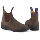 Blundstone thermal rustic brown Chelsea boots shown from front and rear angles with pull-on tabs and black soles.