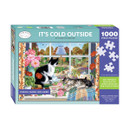 Otter House 1000 piece jigsaw puzzle titled It’s Cold Outside by Claire Comerford, featuring cosy cats by the window with autumn garden view.