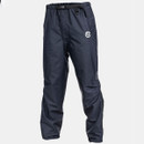 Dark blue waterproof outdoor pants with an elastic waistband and a logo on the upper leg. They convey a functional, rugged look for active use.