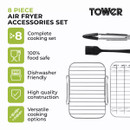 Tower 8 Piece Air Fryer Accessories Set infographic highlighting complete cooking set, food-safe materials, dishwasher-safe design, high-quality construction and versatile cooking options.