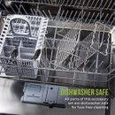 Tower air fryer accessories set components placed inside a dishwasher, demonstrating dishwasher-safe cleaning for racks, skewers, brush and tongs.