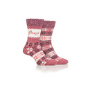 A pair of pink patterned thermal socks.