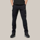 Black Hard Yakka work trousers worn front view, featuring slim fit design, utility pockets and durable fabric