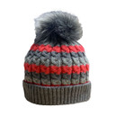 A pink and grey striped hat with a grey pom pom at the top.