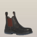 Side profile of a single black leather pull-on work boot with brown elastic sides, against a beige background. Side profile of a single black leather pull-on work boot with brown elastic sides, against a beige background.