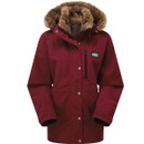 Burgundy parka jacket with fur-lined hood and front button closure.