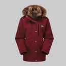 Burgundy parka jacket with fur-lined hood and front button closure.
